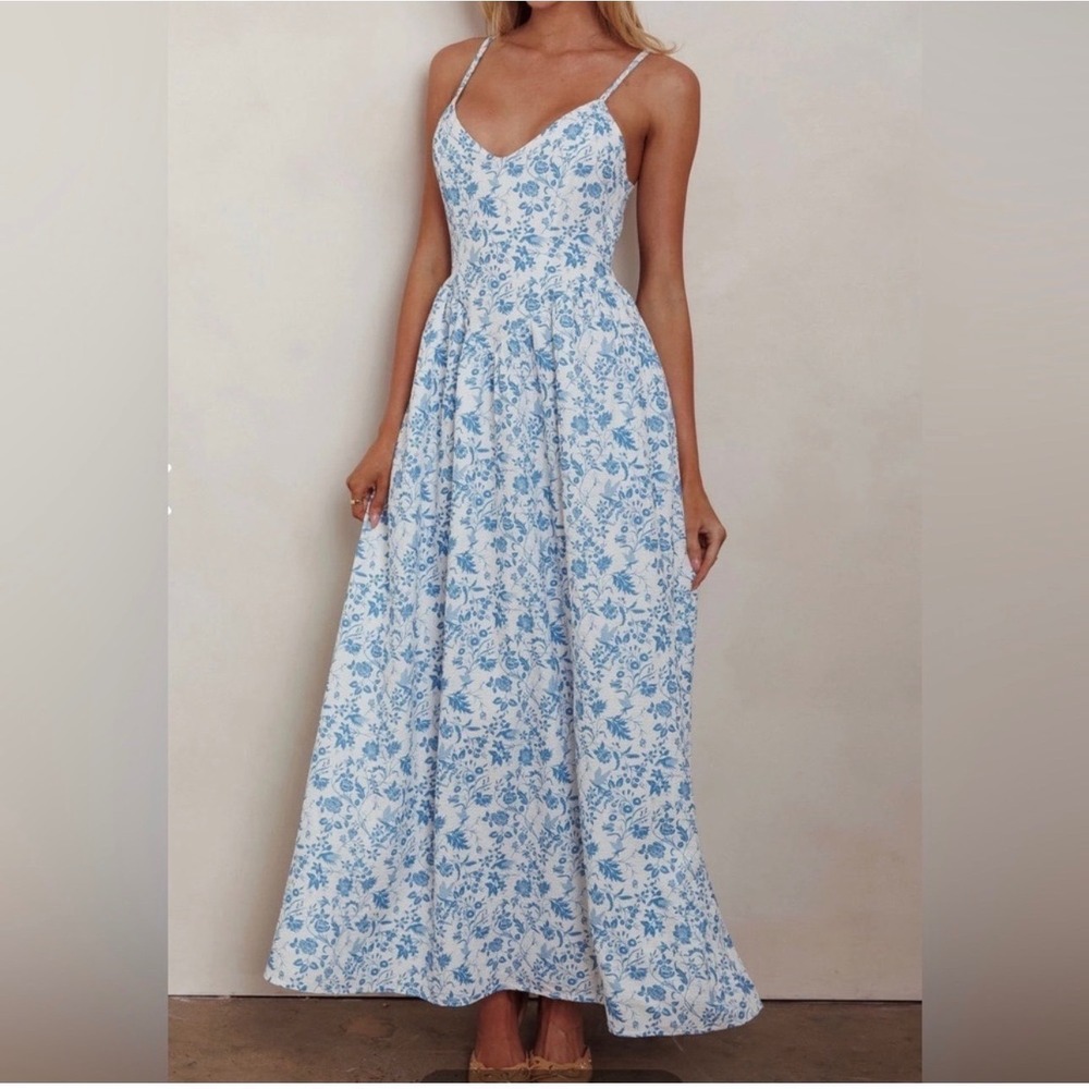 Mika &‎ Gala maxi boho white blue floral dress sleeveles coastal soft girl XL
